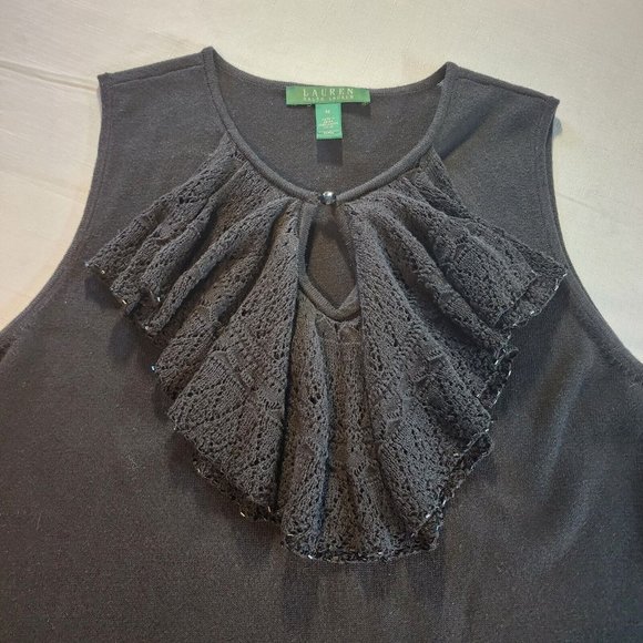 Lauren Ralph‎ Lauren Woman's Black Sleeveless Ruffle Beaded Sz Medium Blouse - Picture 4 of 10